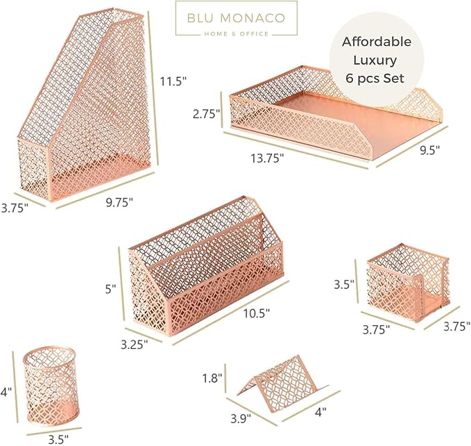 BLU MONACO | Rose Gold Desk Organizer Set | 6 Piece Metal Office Desk Organizer with Mail Sorter, Pen Cup, Sticky Note Holder, Magazine File, Card Holder, Paper Tray | Desk Organizers and Accessories