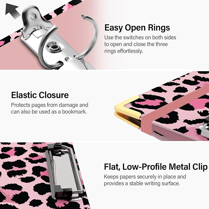 3 Ring Binder 3 Inch, Cute Round Ring Binder with 6 Tab Dividers & Label Stickers, Low Profile Clipboard with Storage, Fashion Binder for School Office Supplies (Pink Leopard)