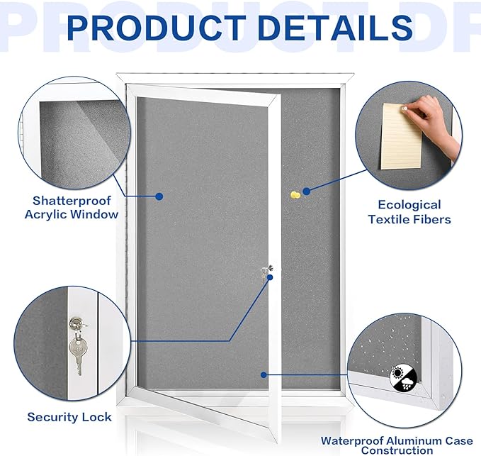 SWANCROWN Enclosed Bulletin Board Grey Felt Displays Boards Weather Resistant Wall Mounted Notice Case,28x20inches