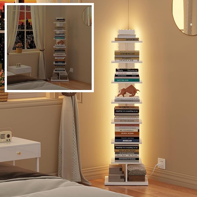 TUTOTAK Book Shelf, Narrow Spine Bookshelf, 8-Tier Bookcase with LED Lights | 10.4 x 13.4 x 47.5 Inches Vertical Freestanding Corner Shelf for Living Room, Office, Small Space, White BS06BW008L