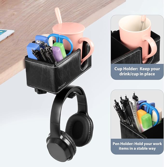 Under Desk Cup Holder Clamp on Cup Holder PU Leather Clip on Desk Organizer | Desk organizer with pencil holder clamp on side, under desk hanging organizer, clip on cup holder desk phone stand holder PU
