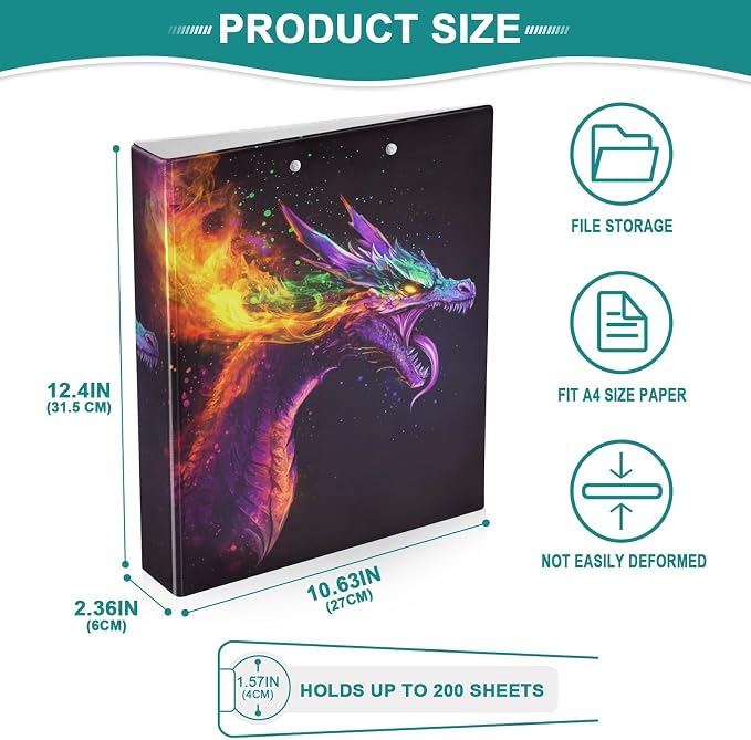 Fantasy Dragon Rainbow Fire Decorative 3 Ring Binder 1.5 Inch Large View Binders with Pockets Holds 200 Sheets File Organizer for Office College School, 2 Pack