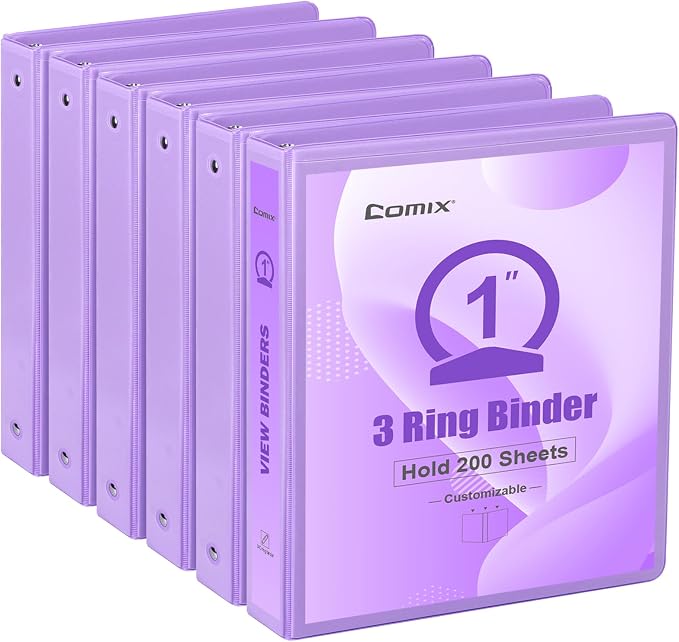 COMIX Sturdy Standard 1 Inch 3 Ring Binder with Clear View Cover | 1"Round Ring,PVC-Free Board,Holds 200 Letter Sheets,Morandi Multicolor for Students & Office,6 Pack (Pale Purple)