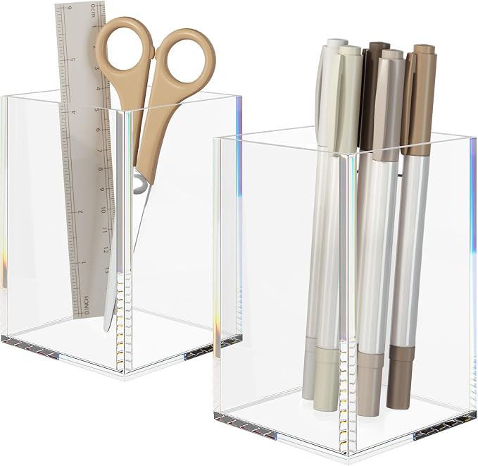 NIUBEE Acrylic Pen Holder for Desk, Clear Pencil Cup Organizer 2 Packs | Acrylic clear acrylic pen holder, durable transparent design organizes stationery and makeup tools for students and workers