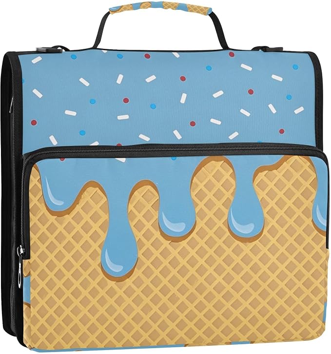 3 Ring Zipper Binder with Shoulder Strap Blue Ice Cream 1.5 inch Binders Keeper Large Capacity Multi Pockets for School Office Supplies