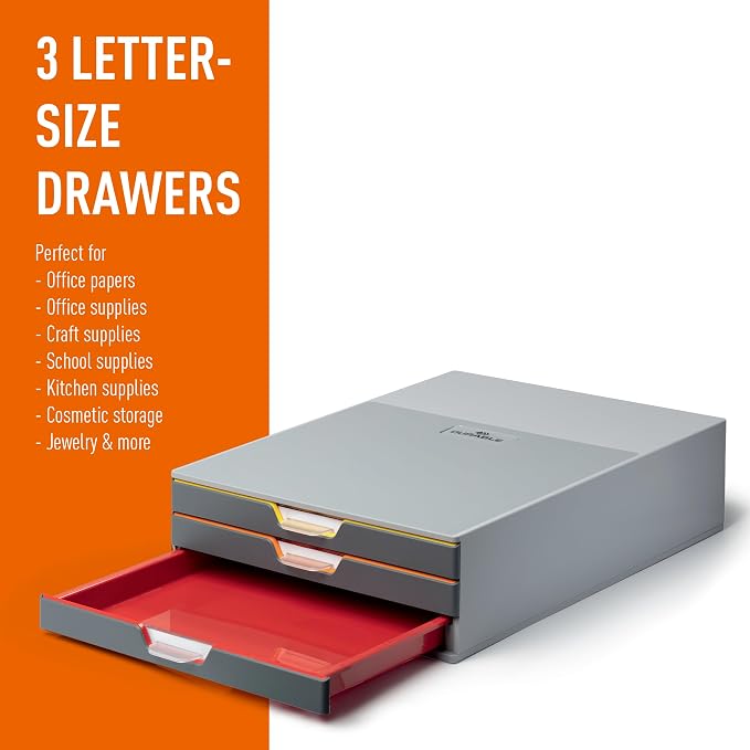 Durable Varicolor 3 Drawer Unit - Gray Desktop Drawer Set with 3 Color Coded Draws - Letter to Folio Size Files - Perfect for Storing Documents and Paper Work