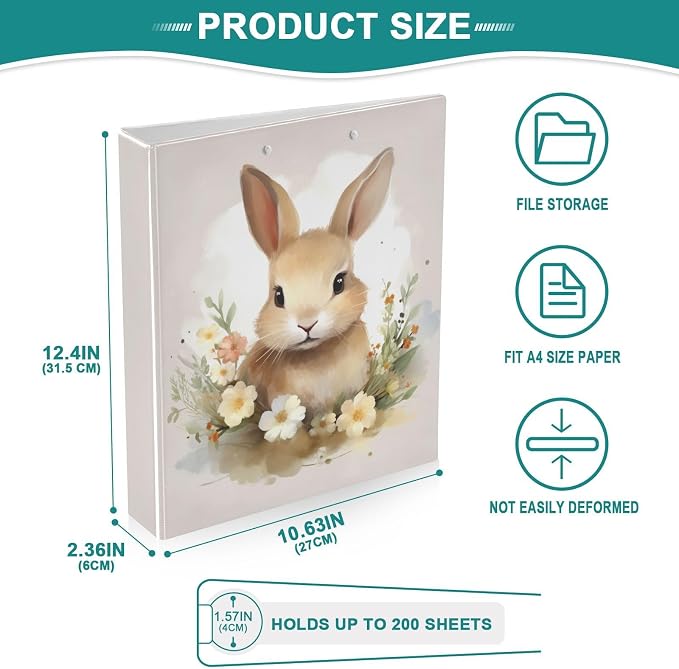 Cute Floral Bunnies Easter Print 3 Ring Binder 1.5 Inch Binders 3 Ring with Clipboard & 3 Pockets Three Ring Binder Organizer Letter Size for Girls School Supplies 1 Pack
