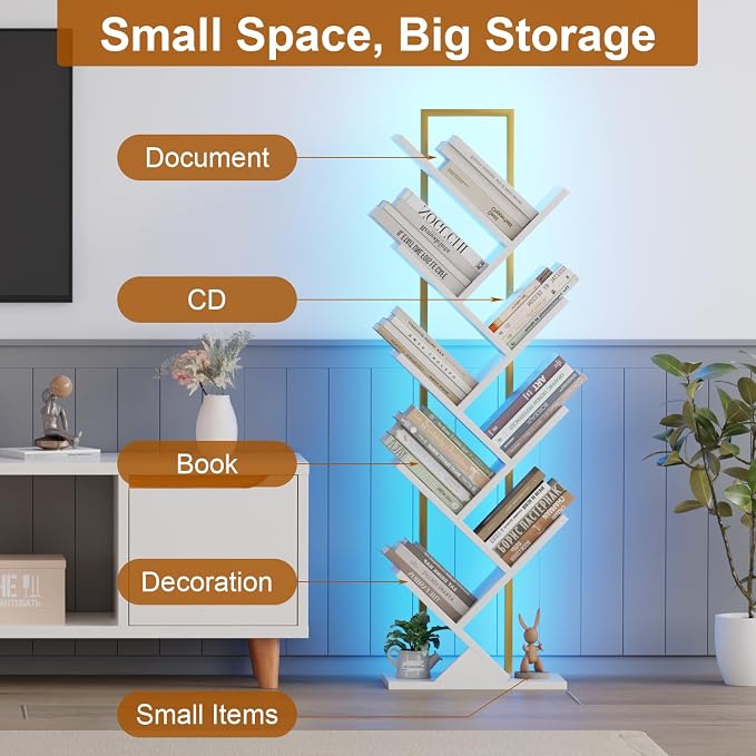 Qupui 9-Tier Tree Bookshelf with LED Lights, Tall Corner Bookcase, White | RGB 22 Modes 6 Brightness. Tree Branch Design. 9 Open Shelves. Engineered Wood With Metal Frame. T-shaped Stability