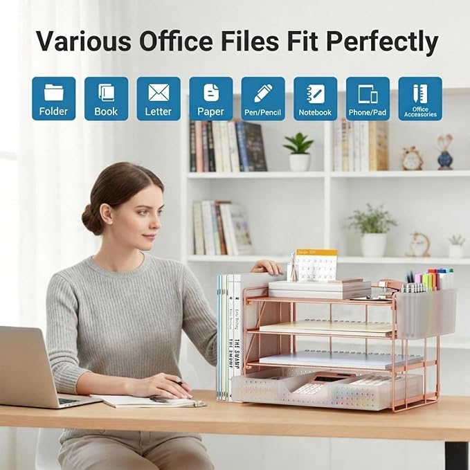 ECOLOVI Desk Organizer, 4-Tier Paper Organizer Letter Tray with File Holder, Drawer and 2 Pen Holders, Desktop File Organizer for Office Supplies, Workspace Storage, Rose Gold