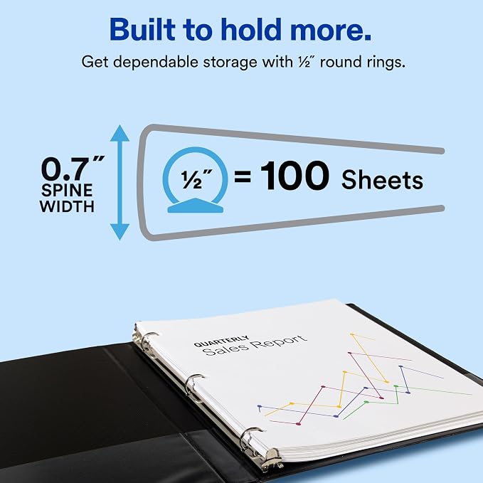 Avery Standard View 3 Ring Binder, 0.5" Round Rings, 1 White Binder | For School, Home and Everyday Organization, Clear View Covers, Interior Storage Pockets, PVC-Free Pockets, Lay-Flat Pages