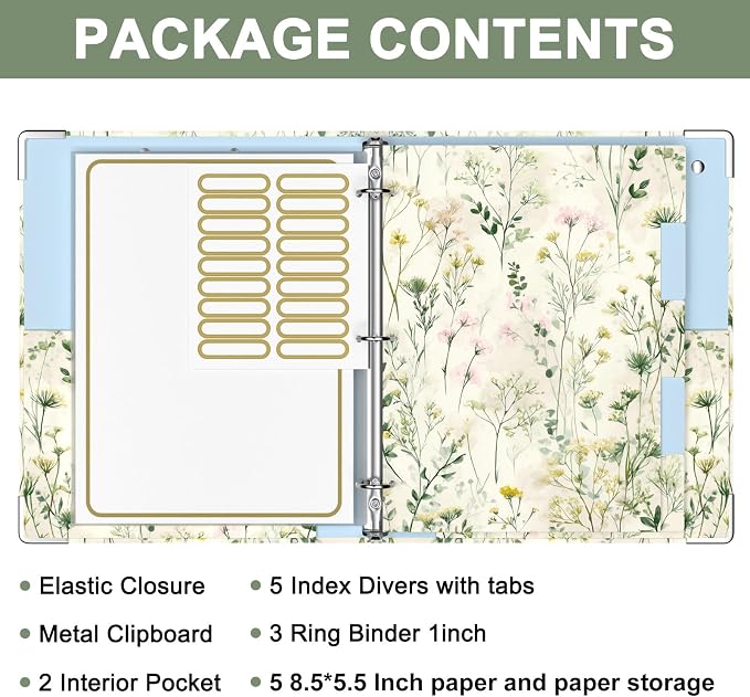 Rouidr Mini 3 Ring Binder with clipboard, 1 inch Round Binder Organizer, 8.5"x5.5" Cute Binder with 5 Dividers Tabs & Clear Sleeves, School Supplies, Office Supplies