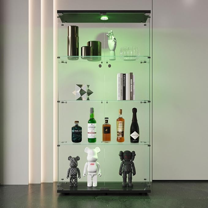 FLYMUHJIA 4-Shelf Tempered Glass Display Cabinet with LED & Lockable Double Doors, Black Curio Cabinet for Collectibles, Easy to Install