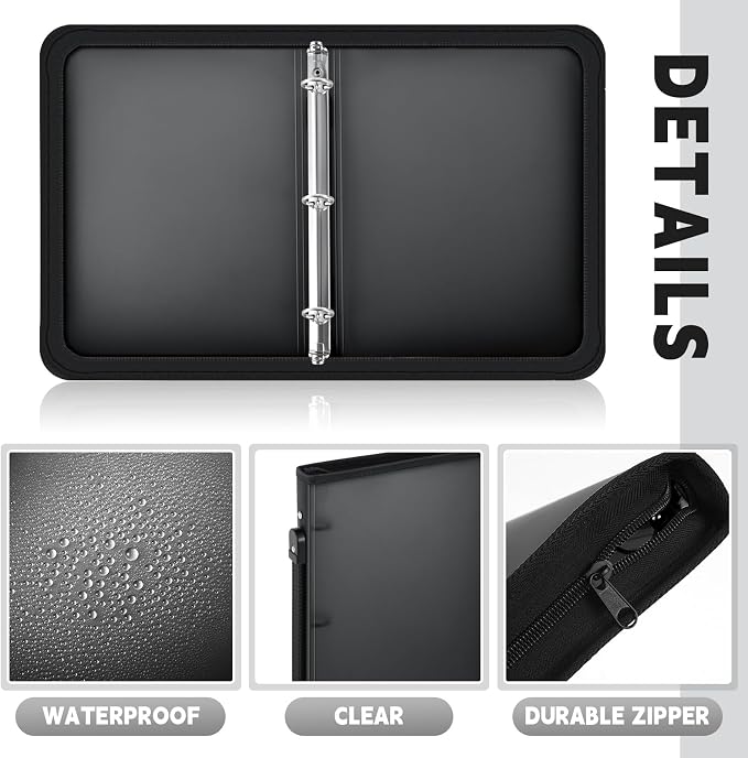 Teling 4 Pcs 1 Inch Zipper Binder 3 Ring Organizer, Black | Secure Zipper Closure, Refillable 3 Ring Design, Handle Carry, Fits Letter Size Papers for School, Office and Projects