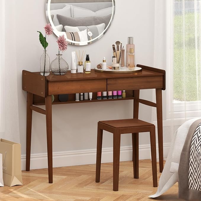 Giantex Mid Century Modern Desk, 39.5" Bamboo Computer Desk with 2 Drawers and Open Storage Shelf, Makeup Vanity Table, Wood Computer Workstation, Vintage Writing Desk for Bedroom, Walnut