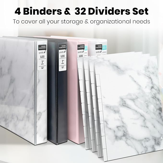 Yoobi 1 Inch Marble 3-Ring Binder & 8-Tab Divider Set, 4-Pack, D Rings | 3-Ring Binder + 8-Tab Divider Set, 2 Interior Pockets, Blank Sticky Labels Included, 4-Pack of Each