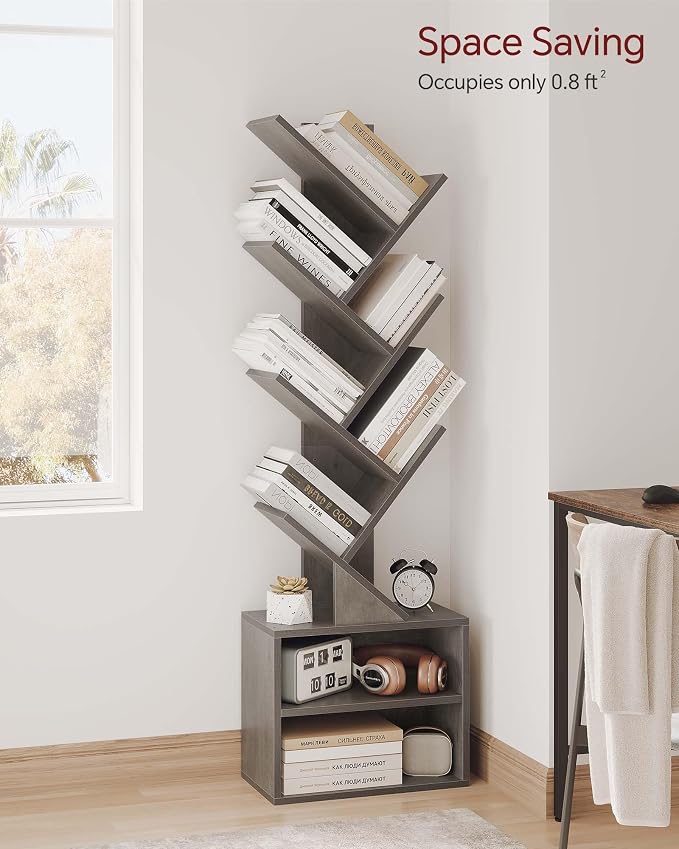 SUNMORY 6 Tier Tree Bookshelf, Tall Small Bookcase with Storage Cabinet | Modern Narrow Bookshelves Organizer, Floor Standing Book Case Shelf for Bedroom Living Room Home Office Corner, Grey