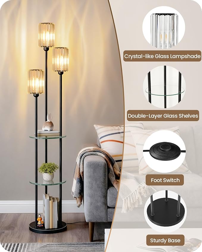Black Floor Lamp with Shelves, Modern Floor Lamp with 3 Crystal Shades and Foot Switch, 3-Light Standing Lamp, for Living Room, Bedroom, Study, Office, Black B53LD05