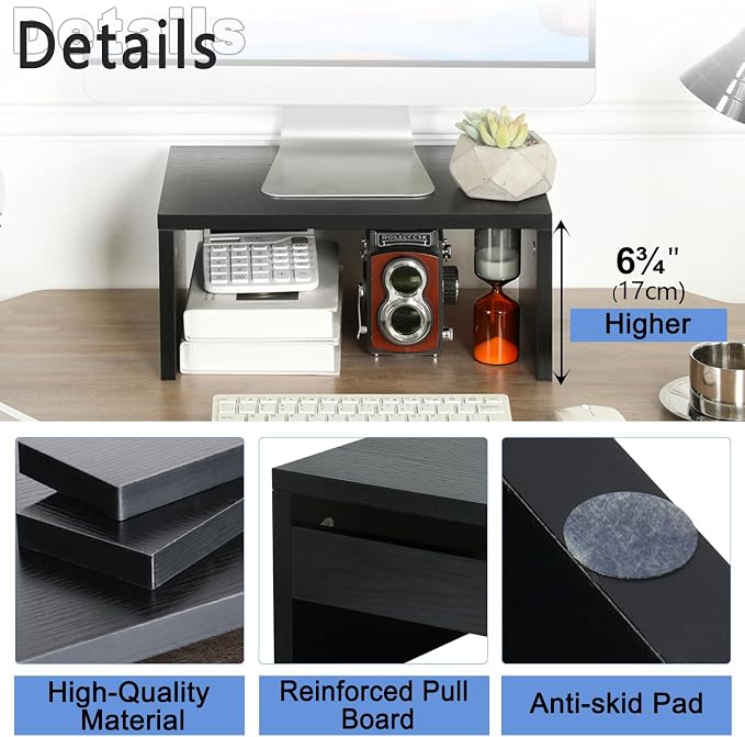 TEAMIX 6.7 inch Tall Monitor Stand Riser, Wood Shelf Riser, Desk Organizer | Laptop/Printer/Computer Stand, Extra Storage Underneath, Minimalist, Modern Design, Smooth Black Finish, for Home Office