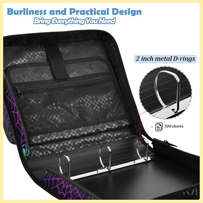 Goth Bat Spider Web Zipper Binder File Organizer Bag 3 D-Ring | with Shoulder Strap, Holds 500 Sheets & 14in Laptop, 3 Ring Binder for Office Supplies