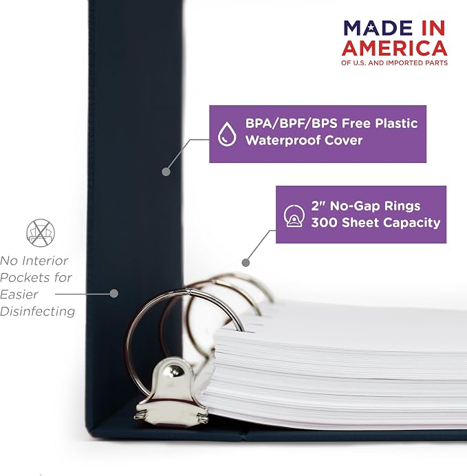 Carstens 2-Inch Heavy Duty 3-Ring Binder - Side Opening, Navy Blue, Durable Plastic, Precision No-Gap Rings, Waterproof Covers, No Pockets, Holds 300 US Letter Sheets, BPA-Free, Made in USA (2829-3R)