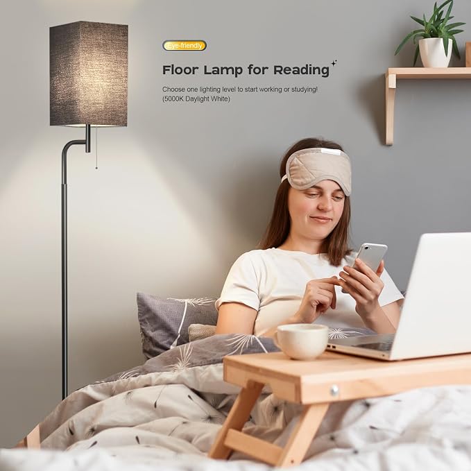 Modern Floor Lamp for Living Room, Black, 3 Color Temperatures, Linen Shade, Minimalist Design, Tall Lamp for Reading, Office, Bedroom | Solid Iron Flat Base, Fits Under Sofas, Compact Spaces, Living Room Bedroom Office