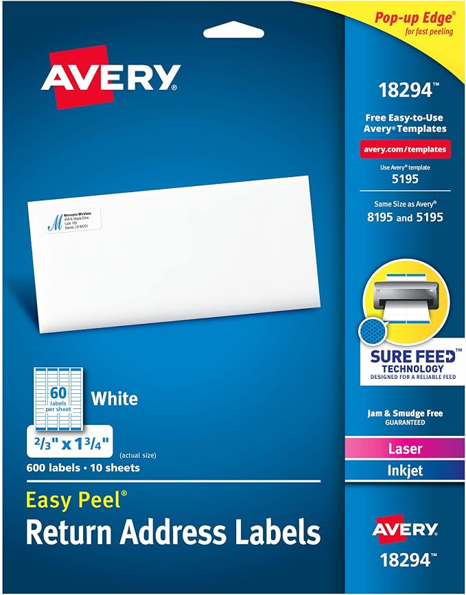 Avery Printable Return Address Labels, Sure Feed Technology, 2/3" x 1-3/4", White, Laser & Inkjet Compatible, 600 Blank Labels per Pack, Great for High-Volume Mailing (5-Pack of 18294)