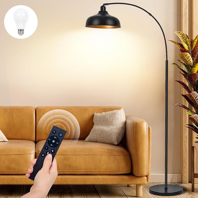 Arch Floor Lamps with Remote, Dimmable Floor Lamp 70” Black Tall Lamp | Arc Lamps Floor Standing with 9W Bulb, 360° Adjustable Hanging Metal Shade, Over Couch Lamps for Living Room, Foot Switch