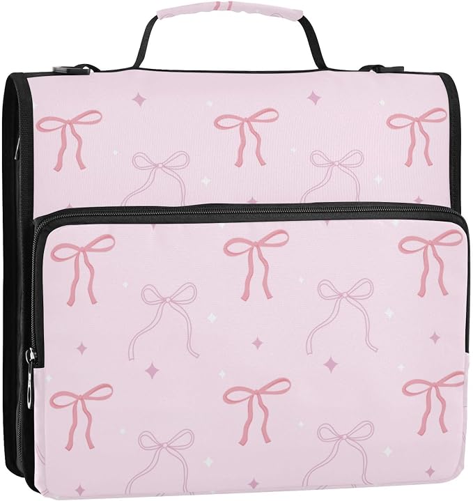Pink Bows Star Pink Zipper Binder with Shoulder Strap Bag 3 Ring Binder Organizer Large Capacity Multiple Compartments for School Office