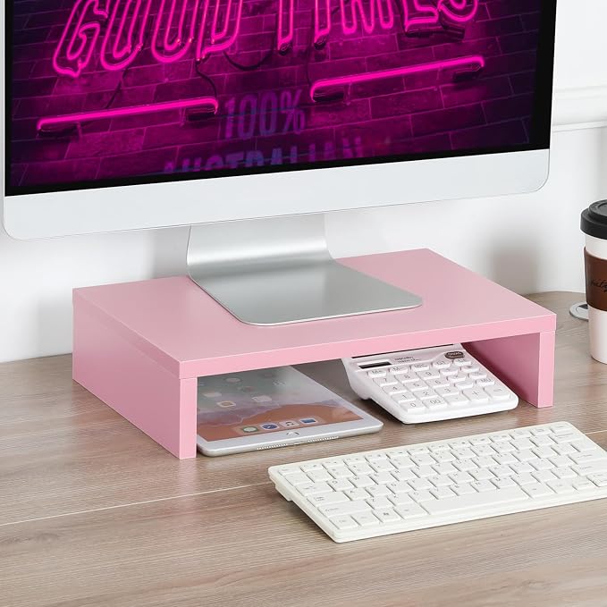 TEAMIX Pink Monitor Stand Riser for Desk, Small Computer/Laptop Stand Wood | 14.2"L x 9.5"W, Holds 80 lbs, Desktop Organizer Shelf, Ergonomic Morden Design, Easy Assembly, For Home Office, Gaming
