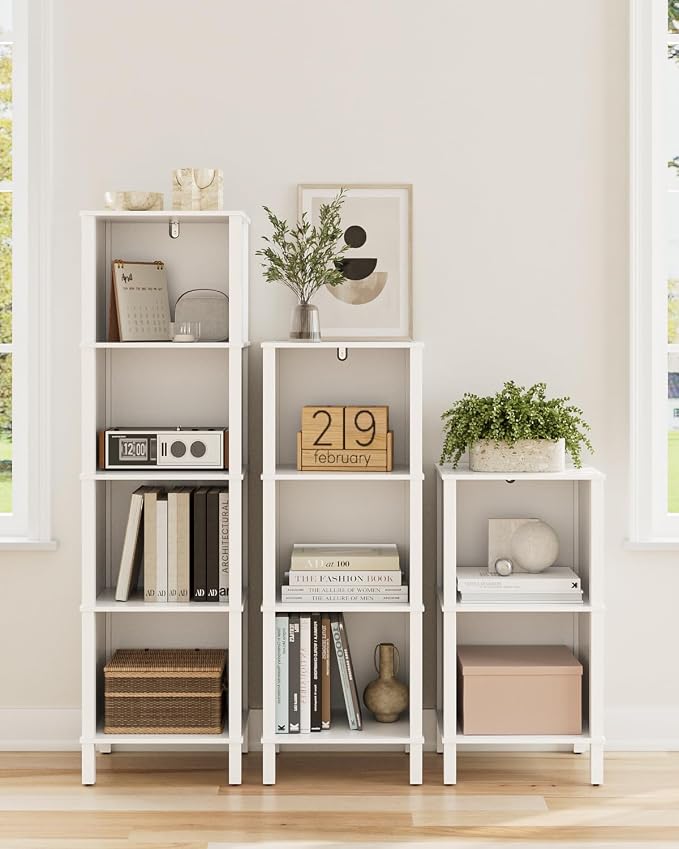 Bookshelf, Modern 4-Tier Bookcase, Open Storage Book Shelf, 11 × 14.2 × 50.4 Inches, Small Narrow Bookshelves for Living Room, Home Office, Bedroom, White