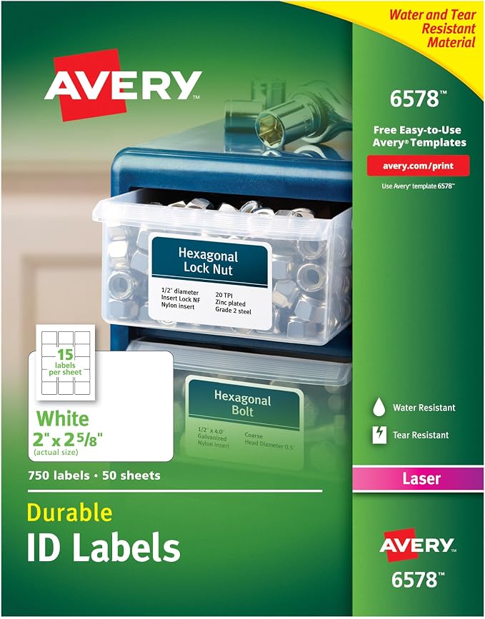 Avery® Durable White Cover Up ID Labels for Laser Printers, 2" x 2.625", Pack of 750 (6578)