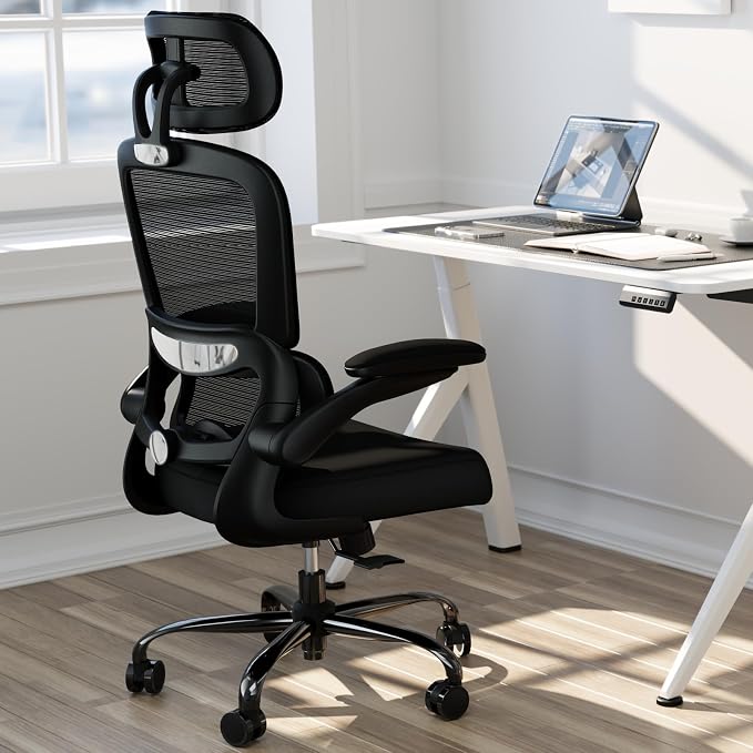 TRALT Office Chair Ergonomic Desk Chair - Gaming Chair with Lumbar Support | 330 LBS Home Office Desk Chairs with Headrest, Reading Chair with Flip-up Armrests, Comfortable Computer Chairs (10, Black)