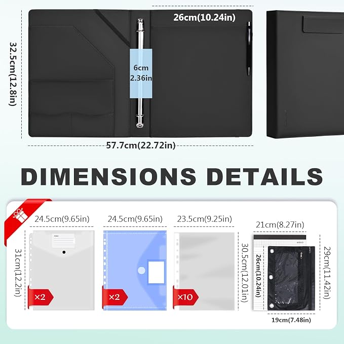 Leathario 1 Inch 3 Ring Binder with Clipboard Storage Vegan Leather | Includes 10 Clear Divider Pockets, 4 Envelope Pockets, 1 Pen Bag and 1 Pen, Suitable for A4/8.5x11 Paper, for Students Work