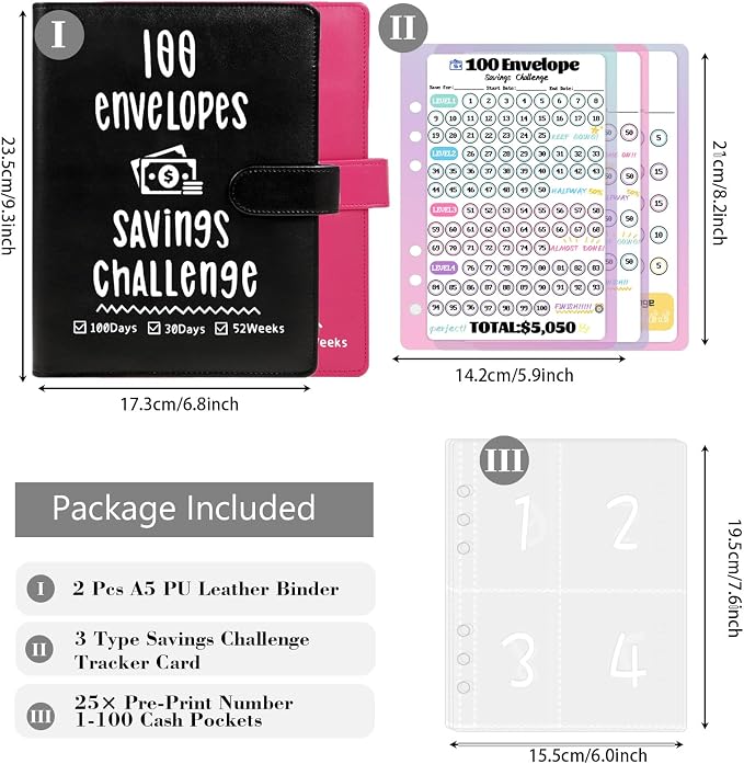 2 Pack 100 Envelopes Money Saving Challenge, Cash Budget Planner A5 Binder | Savings Challenges Book Organizer Folder with 3 Tracker to Save $5,050 $2,600 $300, 100 Pre-numbered Pockets, Black & Red