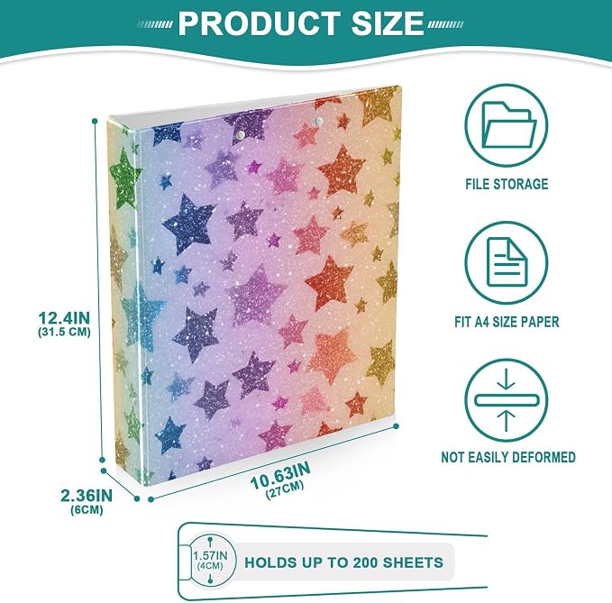 Rainbow Star Glitter Pattern 3 Ring Binder with 2 Interior Pockets 1.5 inch Binders 3 Ring Heavy Duty Fit 8.5" x 11" Letter Size for Office School, 2 Pack