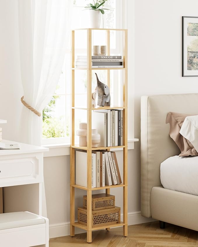 Open Book Shelf, 6 Tier Tall Bookshelf, Freestanding Shelf Narrow Bookcase with Open Shelves, 14.57" x 10.63" x 65.83", Book Shelves for Living Room, Office, Study, Oak