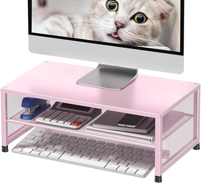 ECOLOVI 2-Tier Computer Monitor Stand Riser, Printer & Laptop Stand, Office Desk Accessories, Workspace Desk Organizer for Home Office Supplies, Pink