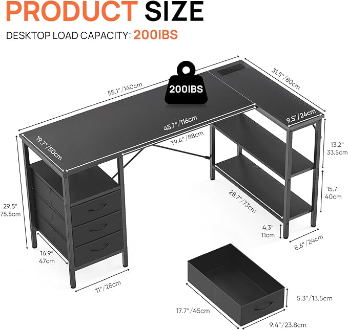Alpen L Shaped Desk, Black Desk for Bedroom, Gaming Table with Power Outlets, 3 Drawers and Shelves, Large Corner Desk for Gaming, Study Writing PC Table for Work, 55 Inch