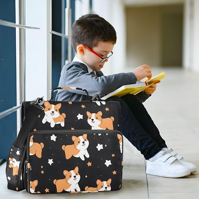 3 Ring Zipper Binder with Shoulder Strap Corgis Dog Star Black 1.5 inch Binders Keeper Large Capacity Multi Pockets for School Office Supplies