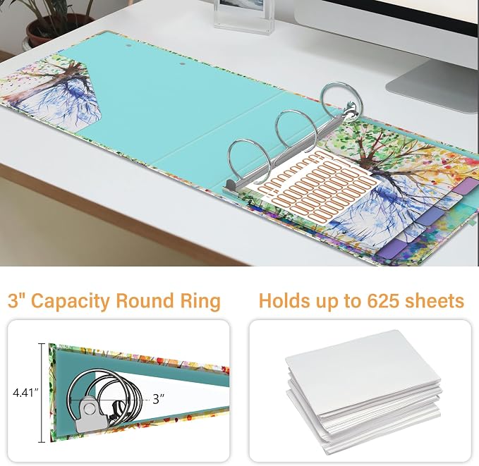 3 Ring Binder 3 Inch Ring, Three Ring Binders for Letter Size 11" x 8.5" with 6-Tab Dividers, 2 Pockets, Binder with Clip for School and Office Supplies-Tree Seasons