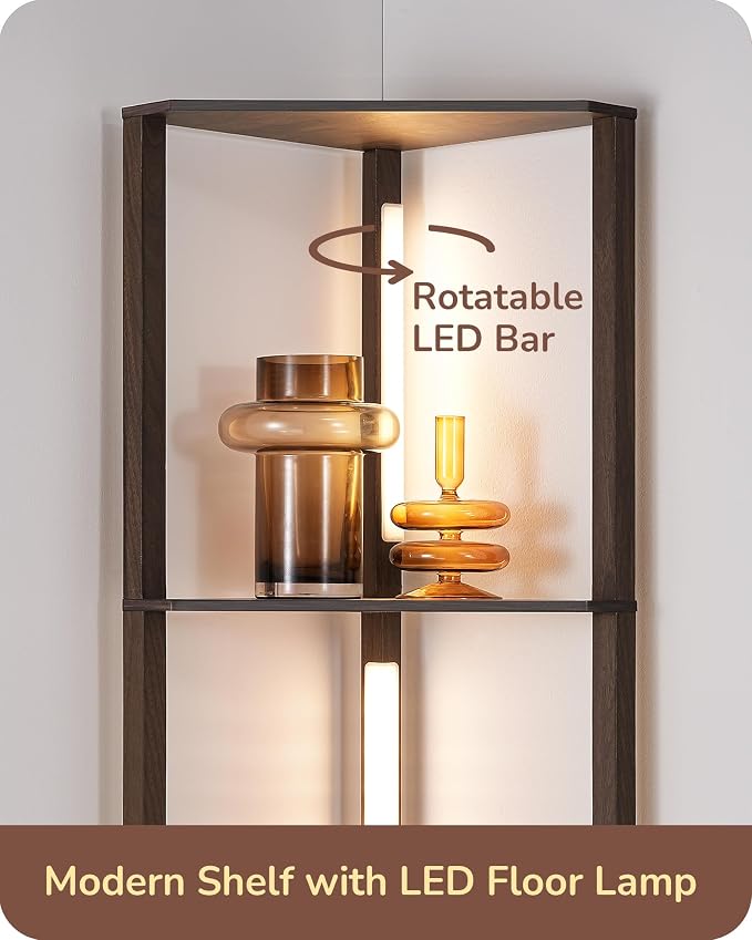 EDISHINE Dimmable LED Floor Lamp with Shelves, Corner Floor Lamps for Living Room, Corner Shelf with LED Light, 3CCT, Modern Standing Lamp, Floor Lamp for Bedroom, Office, Walnut | 4-Layer Shelf, Foot Switch, Rotatable Light Bar, Modern Corner Lamps fo...