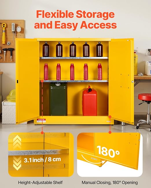 VEVOR Flammable Cabinet 18" x 43" x 46", 29 Gallon Flammable Storage Cabinet with Adjustable Shelf, Cold-Rolled and Galvanized Steel Fire Cabinets, for Commercial Industrial Home Use, Yellow