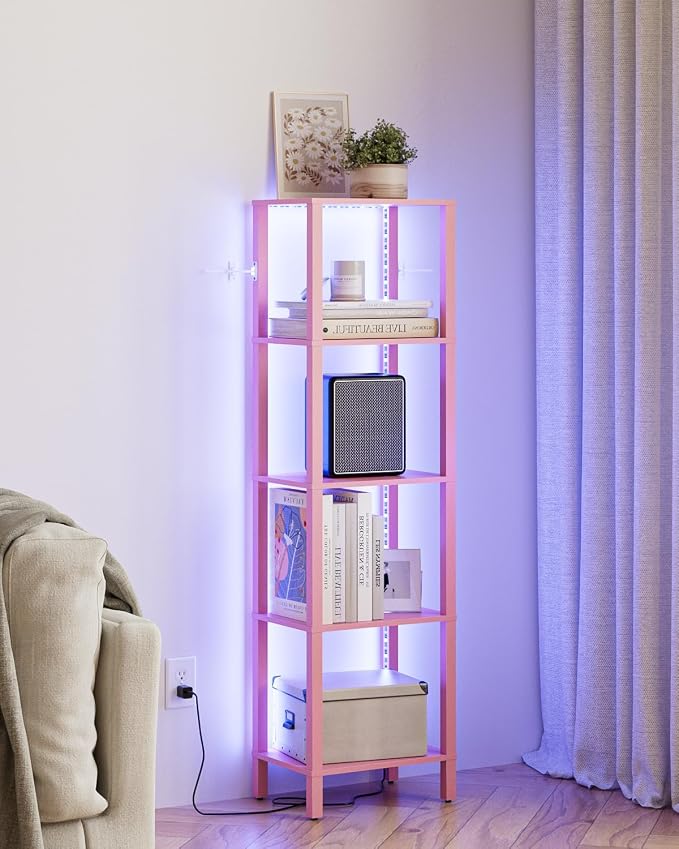 Open Book Shelf with LED Lights, 5 Tier Tall Bookshelf, Freestanding Shelf Narrow Bookcase with Open Shelves, 14.96" x 10.63" x 53.54", Book Shelves for Living Room, Office, Study, Pink