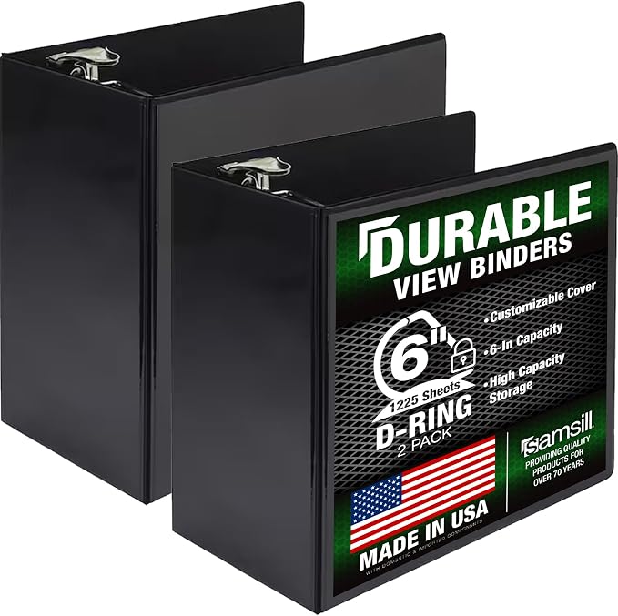 Samsill Durable 6 inch 3 Ring Binder, Locking D Ring Binder, Customizable Clear View Cover, Black, 2-Pack, Holds 1225 Pages