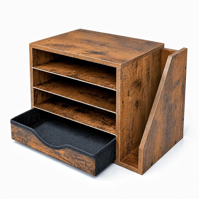Wooden Desk Organizer with Drawers, Office Paper Mail and Organizer Wood | Four adjustable shelves and a 12-inch drawer organize papers, mail, folders, notebooks, and everyday office supplies.