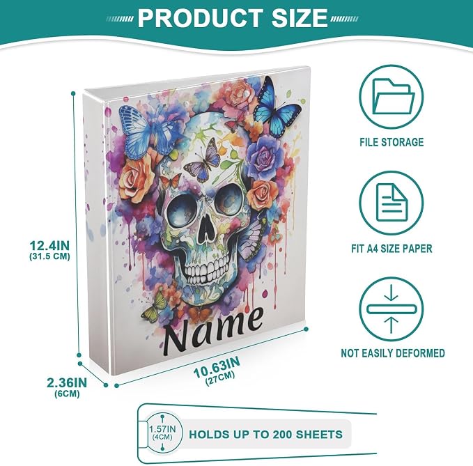 Custom 3 Ring Binder Skull Flowers Butterflies 1.5" Round Ring Binders Personalized Name View Binder with 200 Sheet for Women Men Office Kids School Supplies, 1 Pack