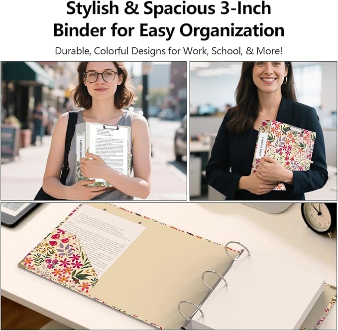 3 Ring Binder 3 Inch, Cute Decorative Hardcover Low Profile Clipboard with Storage, 3'' Round Ring Binders for Letter Size Paper, Durable Binder Organizer for School Office Supplies(Pink Floral)