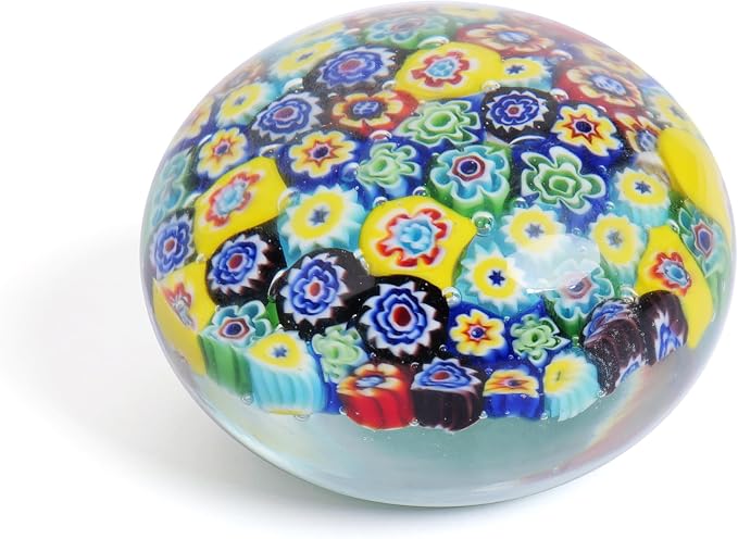 Yao Yuan Handcrafted Glass Paperweight - Beautiful Flower Figurine, Unique Desk Accessory for Home or Office (Yellow millefiori, 4 in)