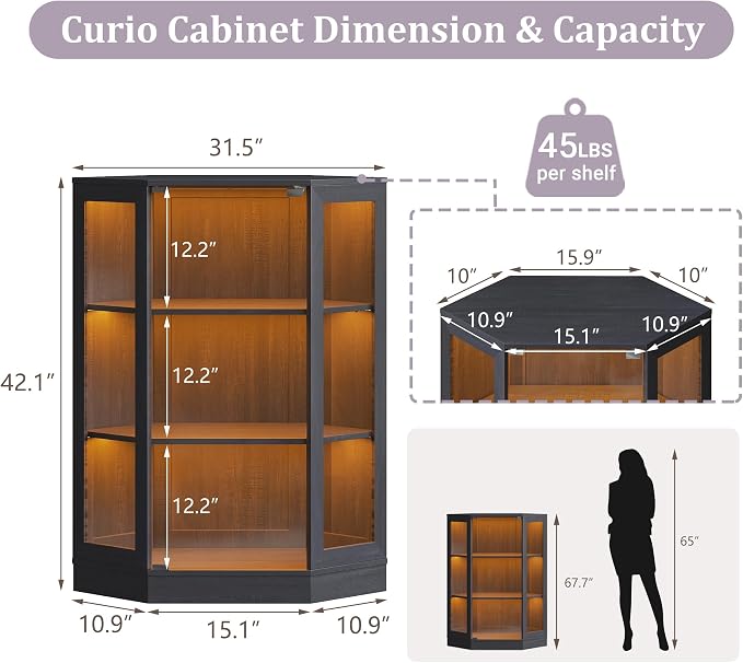 Corner Display Cabinet with Glass Doors, 3-Tier Curio Cabinets with RGB Lights, 42" Display Case with Wood Shelves for Collectibles, Black