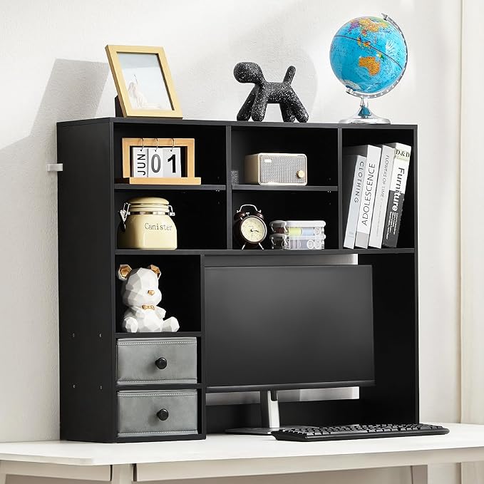 VEVOR 3-Tier Desktop Storage Organizer, 37" x 10" x 31.1" Office Storage Rack Wood Display Shelf, Desktop Bookshelf Hutch with 2 Fabric Drawers, for Office, Home & Dorm, Black
